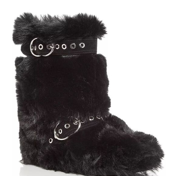 Faux Fur Booties Jeffrey Campbell Black NWT Women's Size 7 silver accents - Picture 1 of 5
